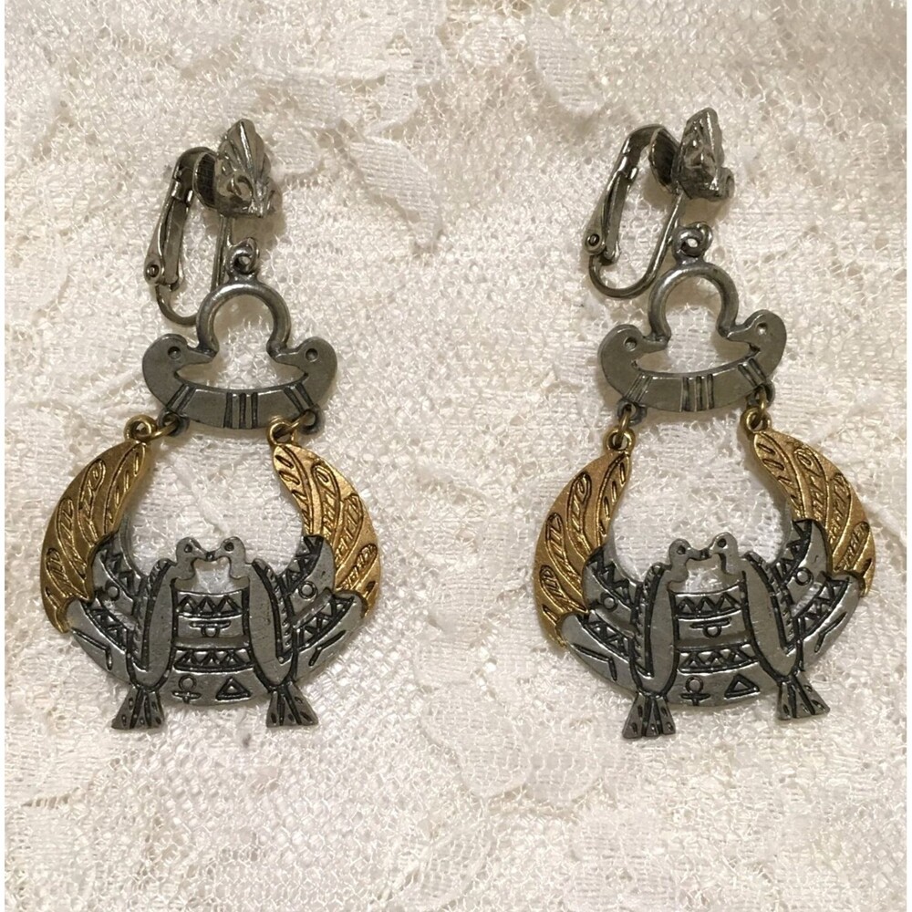 Vintage ART Earrings Egyptian Revival Clip Ons Gold Silver Tones Dangly Art Deco